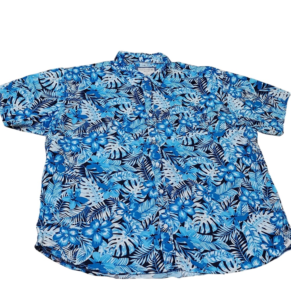 Free Planet Shirt Mens 4XL Blue Hawaiian Floral Button Short Sleeve Casual
